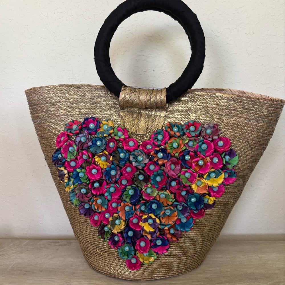 Mexican Handmade Colorful Floral Heart palm Tote Bag